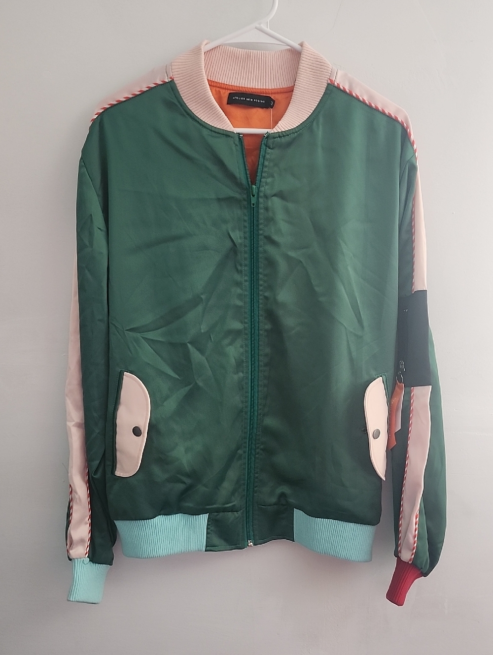 Atelier New Regime Green Satin Bomber with Pink Rib Collar - Picture 10 of 11